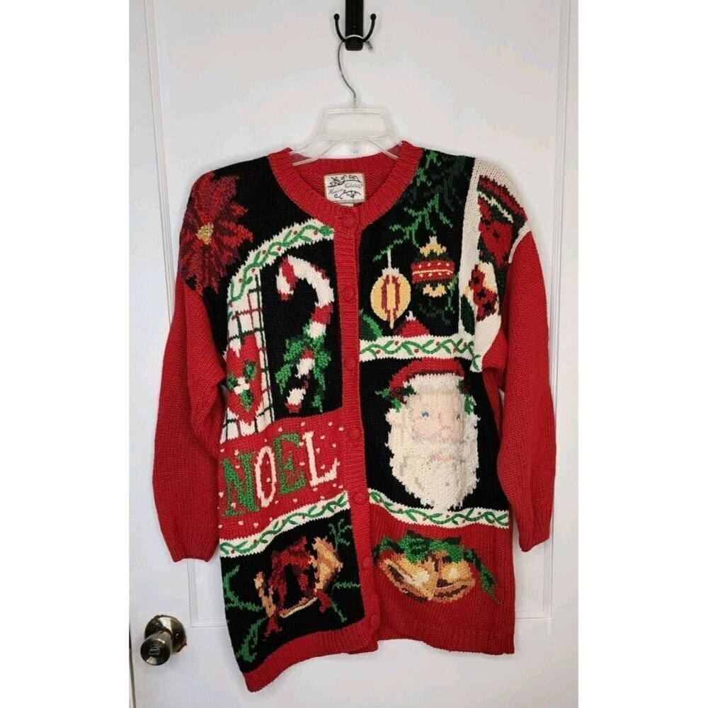 Vtg 1995 Heirloom Collectibles Christmas Sweater Womens Sz L Santa Noel Bells